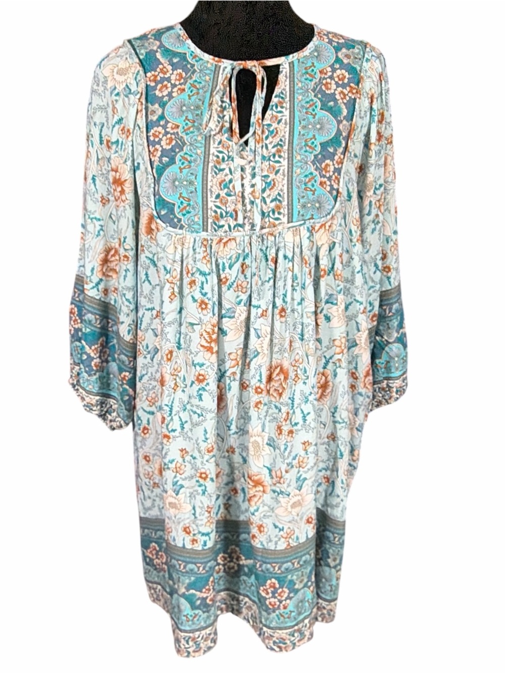 Peasant Floral Long-Sleeve Midi Dress in Teal and Cream